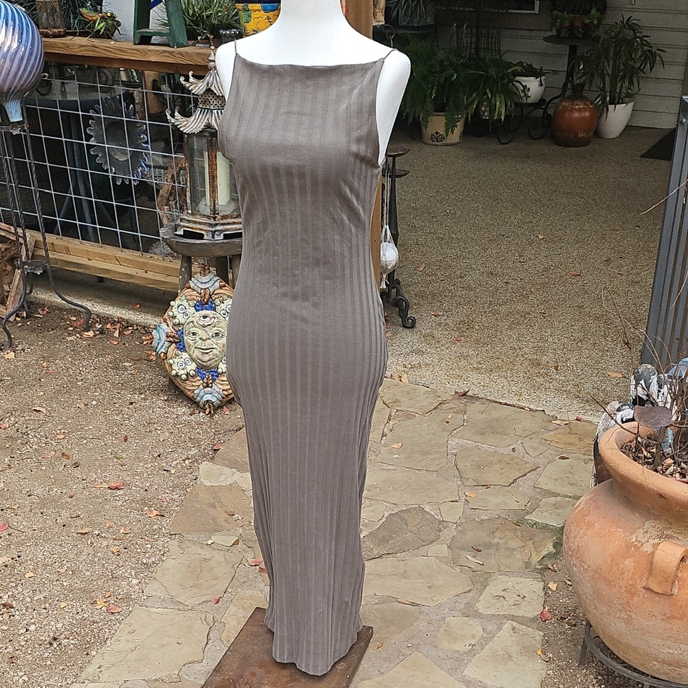 Zara Maxi Khaki Green Ribbed Snug Body Con Stretchy Dress Size Medium - Picture 1 of 8
